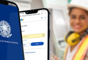 Celular com Carteira de Trabalho Digital em primeiro plano, com trabalhadora ao fundo