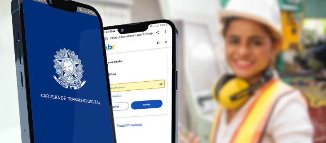 Celular com Carteira de Trabalho Digital em primeiro plano, com trabalhadora ao fundo