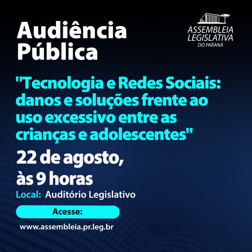 Com objetivo de analisar, debater e propor soluções para a questão, a deputada estadual Márcia Huçulak (PSD) promove nesta quinta-feira (22/08), às 9 horas, a audiência pública “Tecnologia e redes sociais: danos e soluções frente ao uso excessivo entre crianças e adolescentes”.