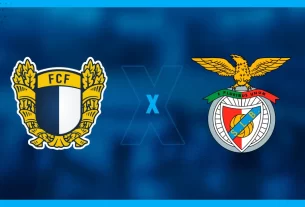 Escudos do Famalicão e do Benfica, que se enfrentam pela Liga Portugal.