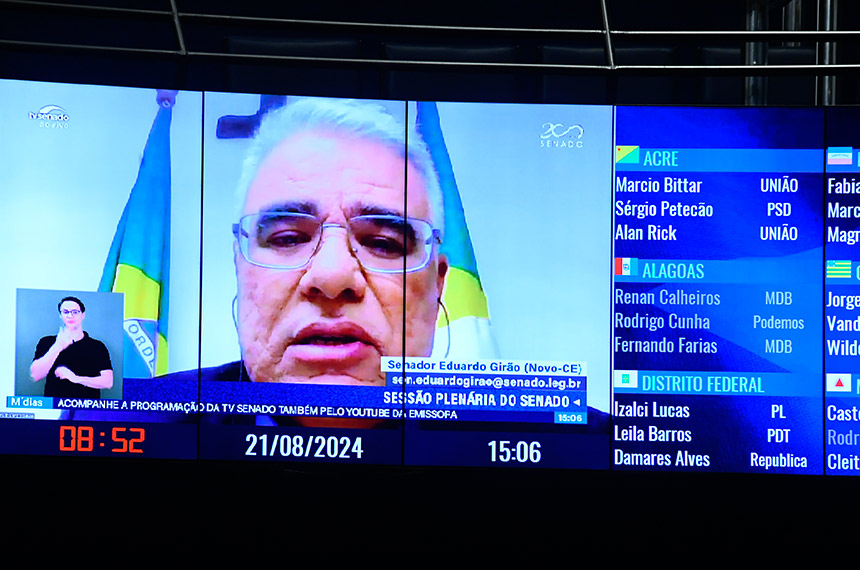 Em pronunciamento, via videoconferência, senador Eduardo Girão (Novo-CE).