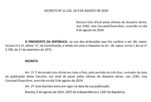 Presidente decreta luto oficial de três dias pelas vítimas do desastre aéreo em Vinhedo — Agência Gov