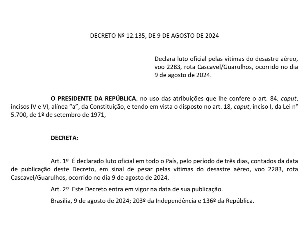 Presidente decreta luto oficial de três dias pelas vítimas do desastre aéreo em Vinhedo — Agência Gov