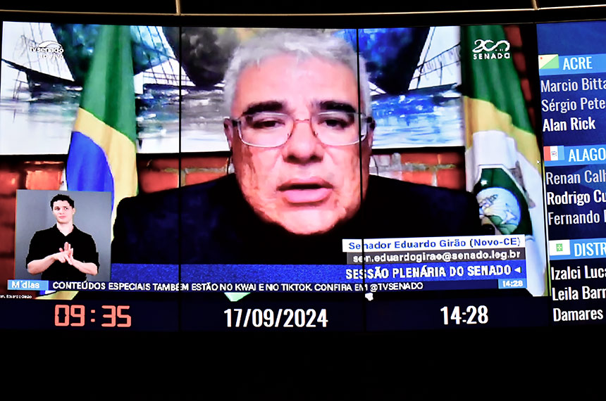 No painel, senador Eduardo Girão (Novo-CE) em pronunciamento via videoconferência.