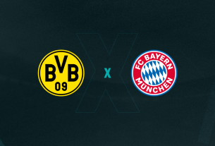 Escudos do Borussia Dortmund e Bayern de Munique que se enfrentam na Bundesliga.