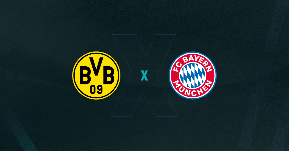 Escudos do Borussia Dortmund e Bayern de Munique que se enfrentam na Bundesliga.