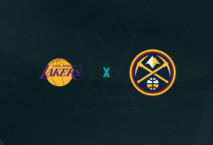 Escudos de LA Lakers e Denver Nuggets que se enfrentam pela NBA.