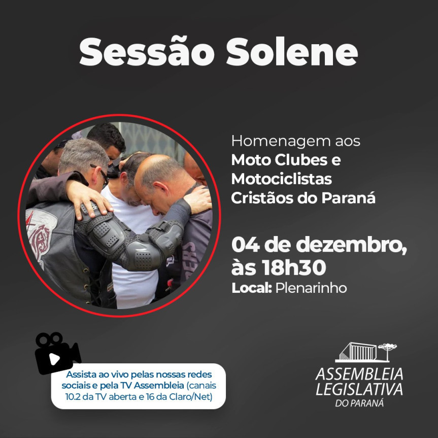 Assembleia Legislativa do Paraná | Notícias > Sessão Solene na Assembleia Legislativa vai homenagear Moto Clubes e Motociclistas Cristãos do Paraná