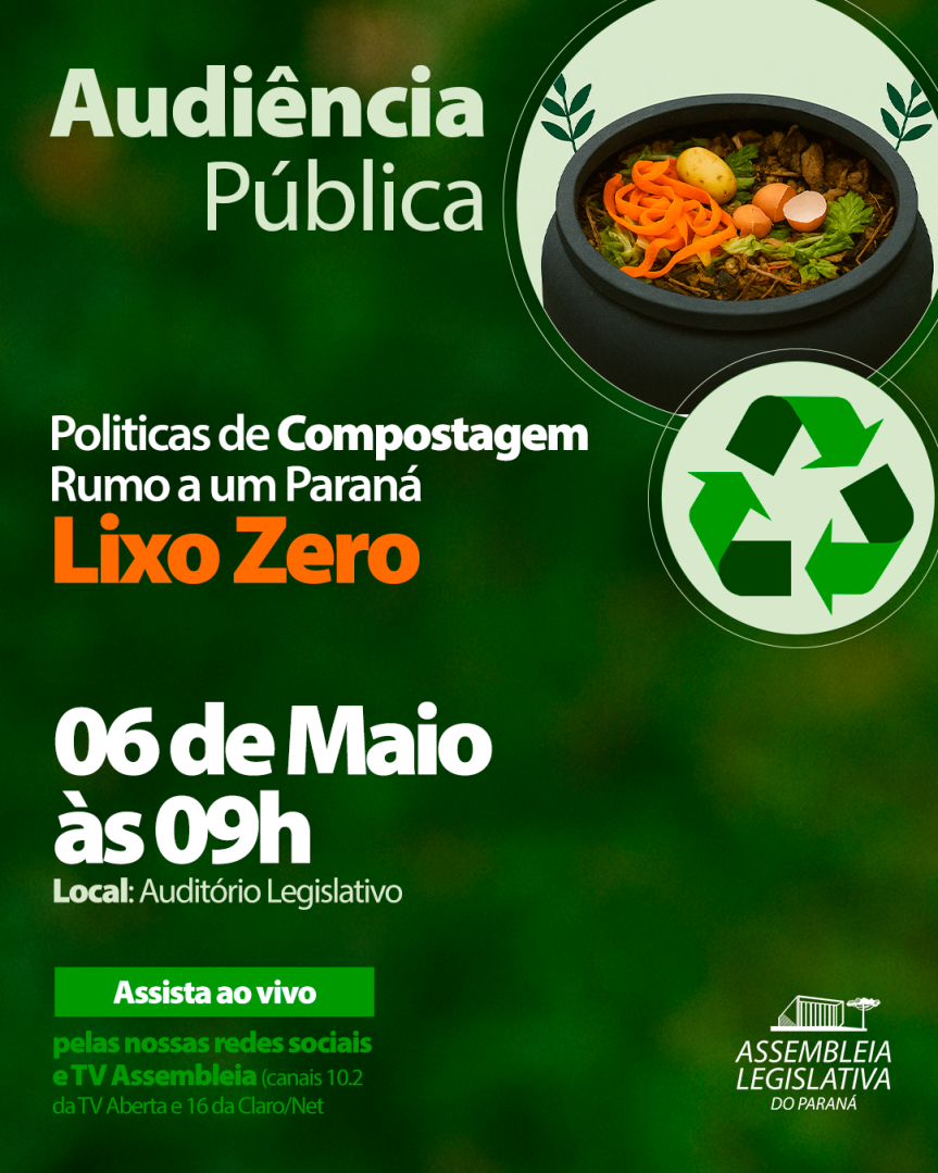 Assembleia Legislativa do Paraná | Notícias > Assembleia Legislativa realiza audiência pública sobre política de compostagem na próxima terça-feira (6)