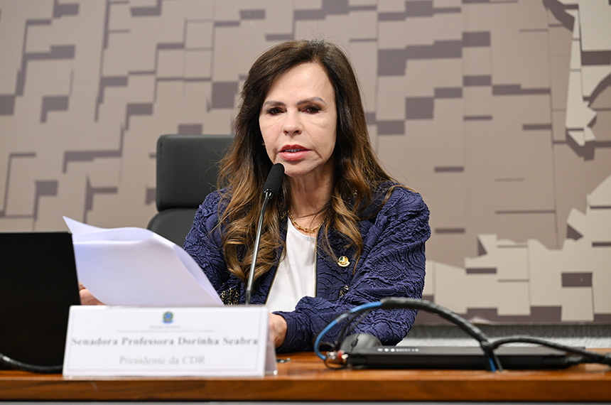 À mesa, presidente da CDR, senadora Professora Dorinha Seabra (União-TO), conduz audiência.