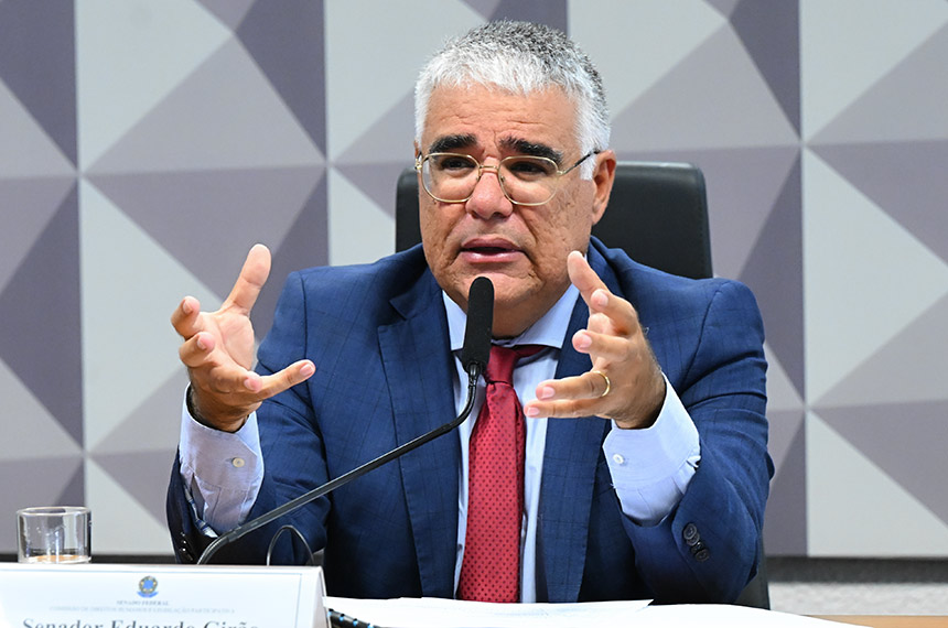 À mesa, presidente eventual da CDH, senador Eduardo Girão (Novo-CE), conduz audiência.